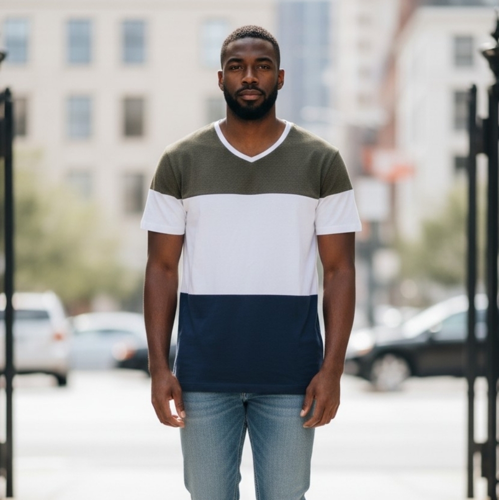 Hugo Boss Olive White Navy Colorblock V-Neck Tee
